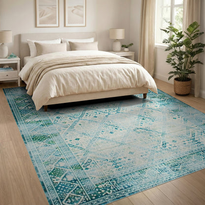 Distressed Blue Teal Vintage Geometric Area Rug