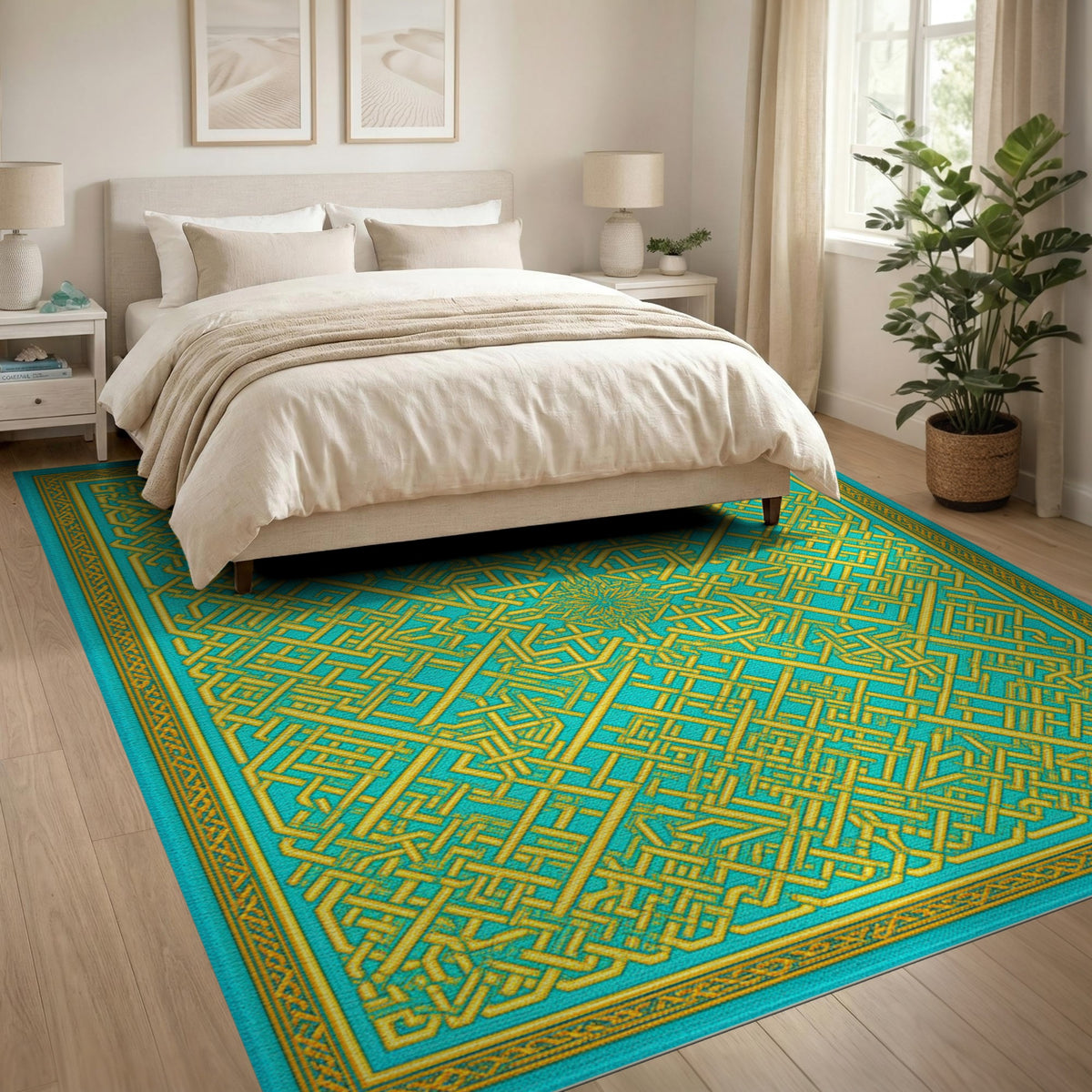 Blue and Teal Geometric Interlock Area Rug