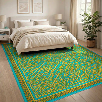 Blue and Teal Geometric Interlock Area Rug
