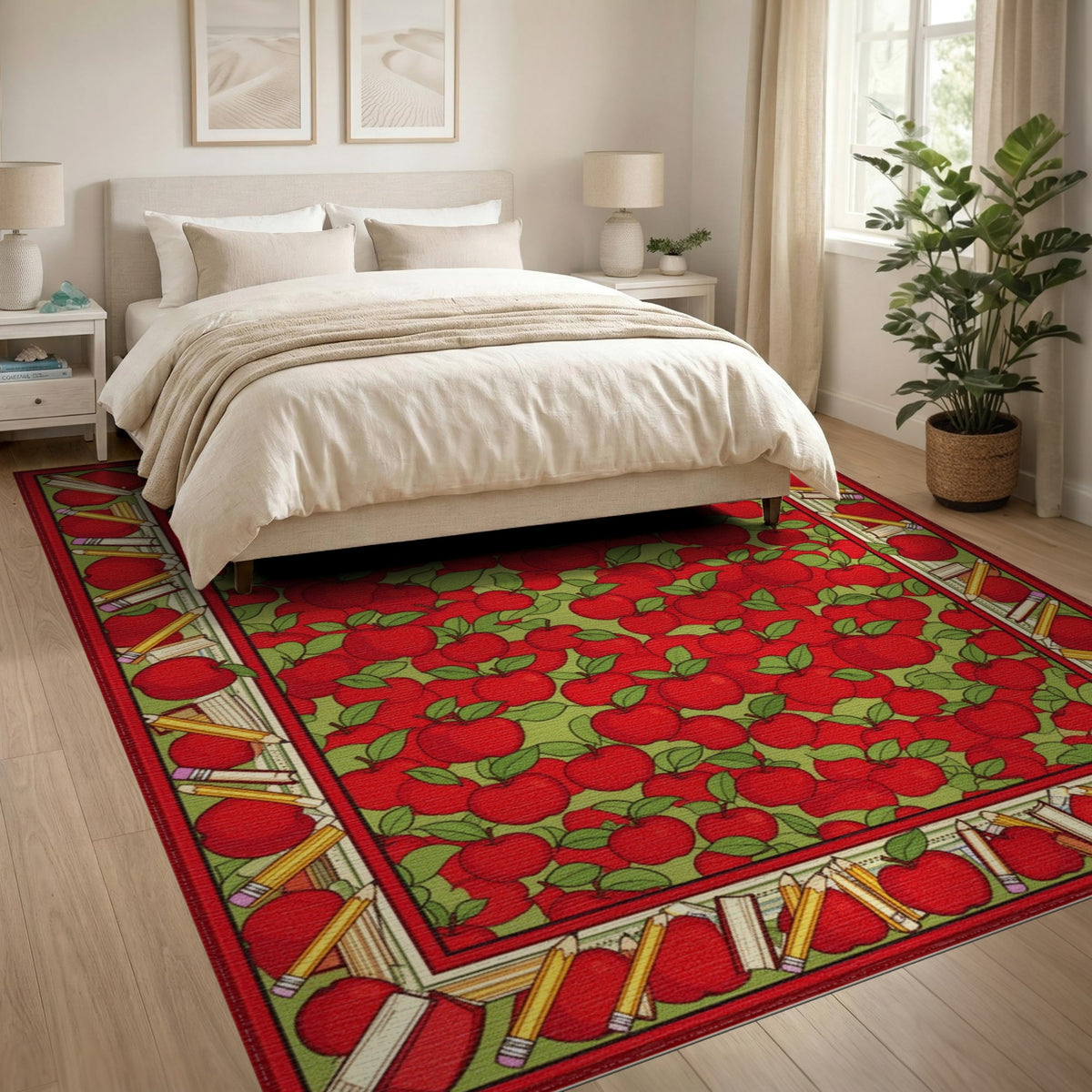 Red Apple Kids Area Rug with Pencil Border