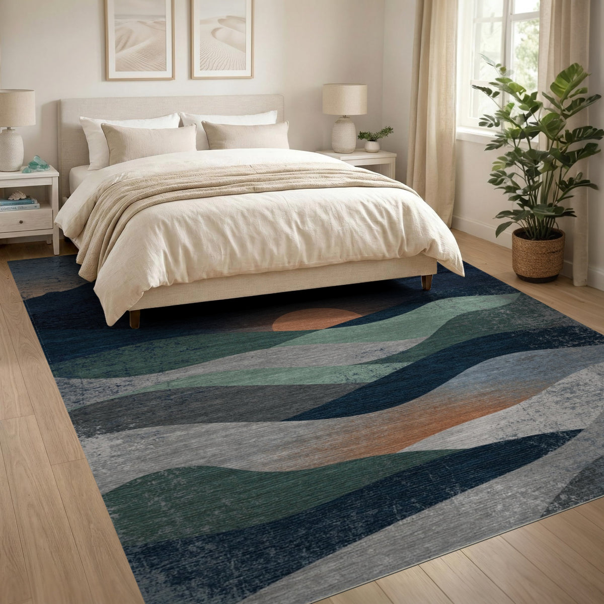 Distressed Blue Teal Mountain Sunset Area Rug