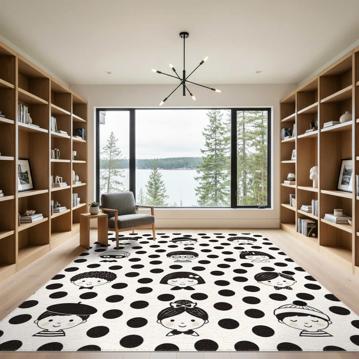 Black White Kids Cartoon Faces Washable Area Rug