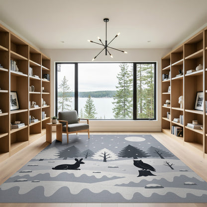 Black White Winter Owl Rabbit Area Rug