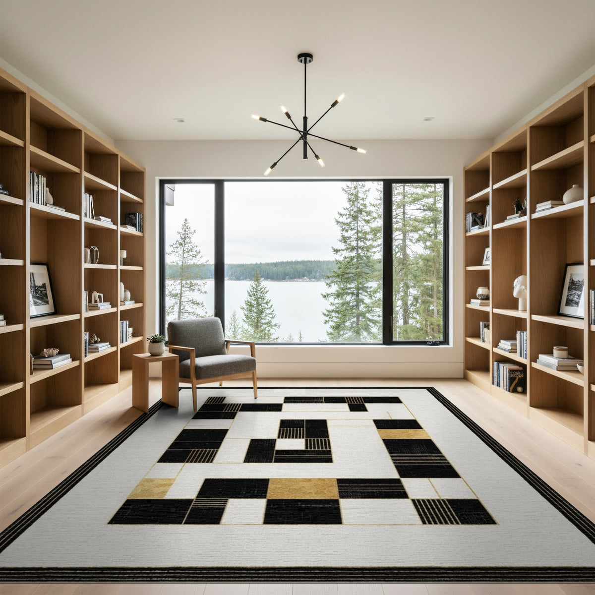 Black and White Black Gold Geometric Modern Area Rug
