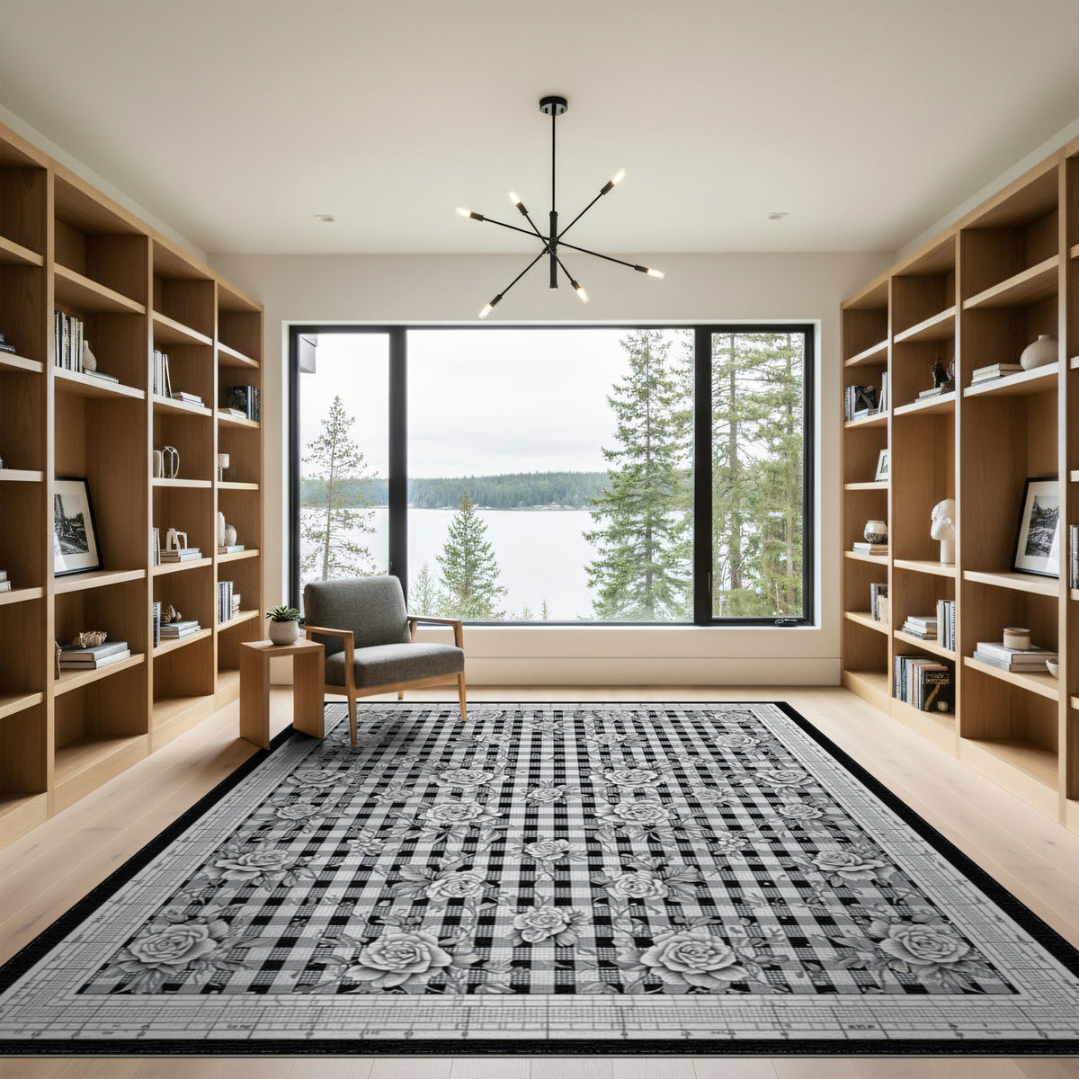 Black White Rose Gingham Area Rug