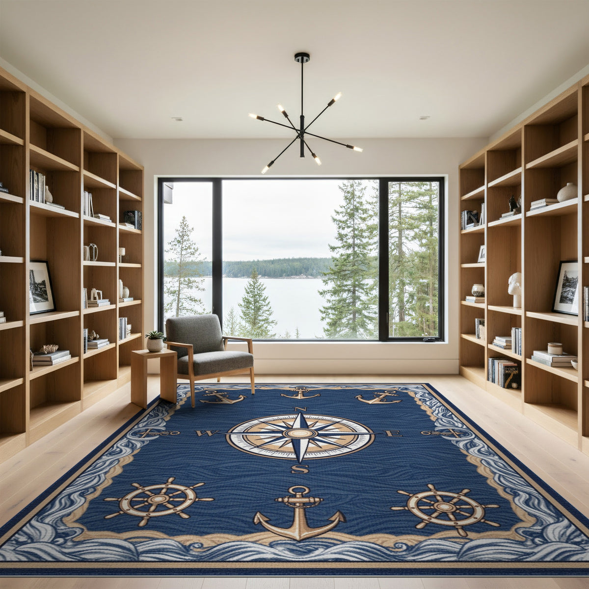 Coastal Beach Blue Nautical Compass Anchor Area Rug