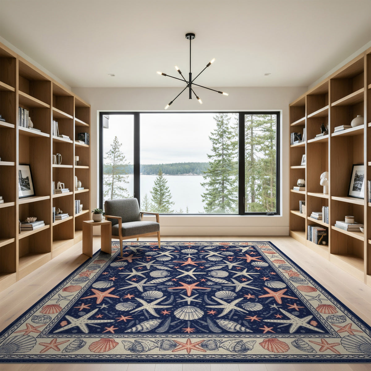 Blue and Teal Navy Coastal Starfish Seashell Area Rug