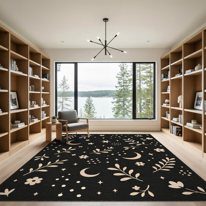 Boho Chic Celestial Floral Black Area Rug