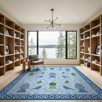 Blue Floral Vintage Area Rug with Urns and Birds