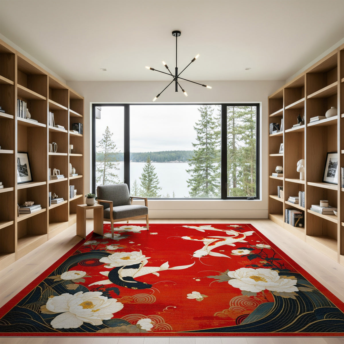 Red Koi Peony Floral Washable Area Rug