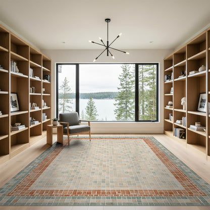 Beige Mosaic Tile Area Rug with Terracotta Border