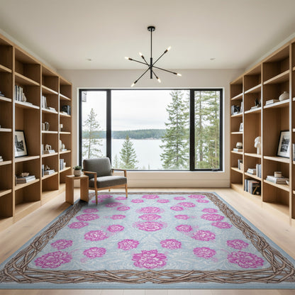 Pink Floral Vintage Area Rug with Woven Border