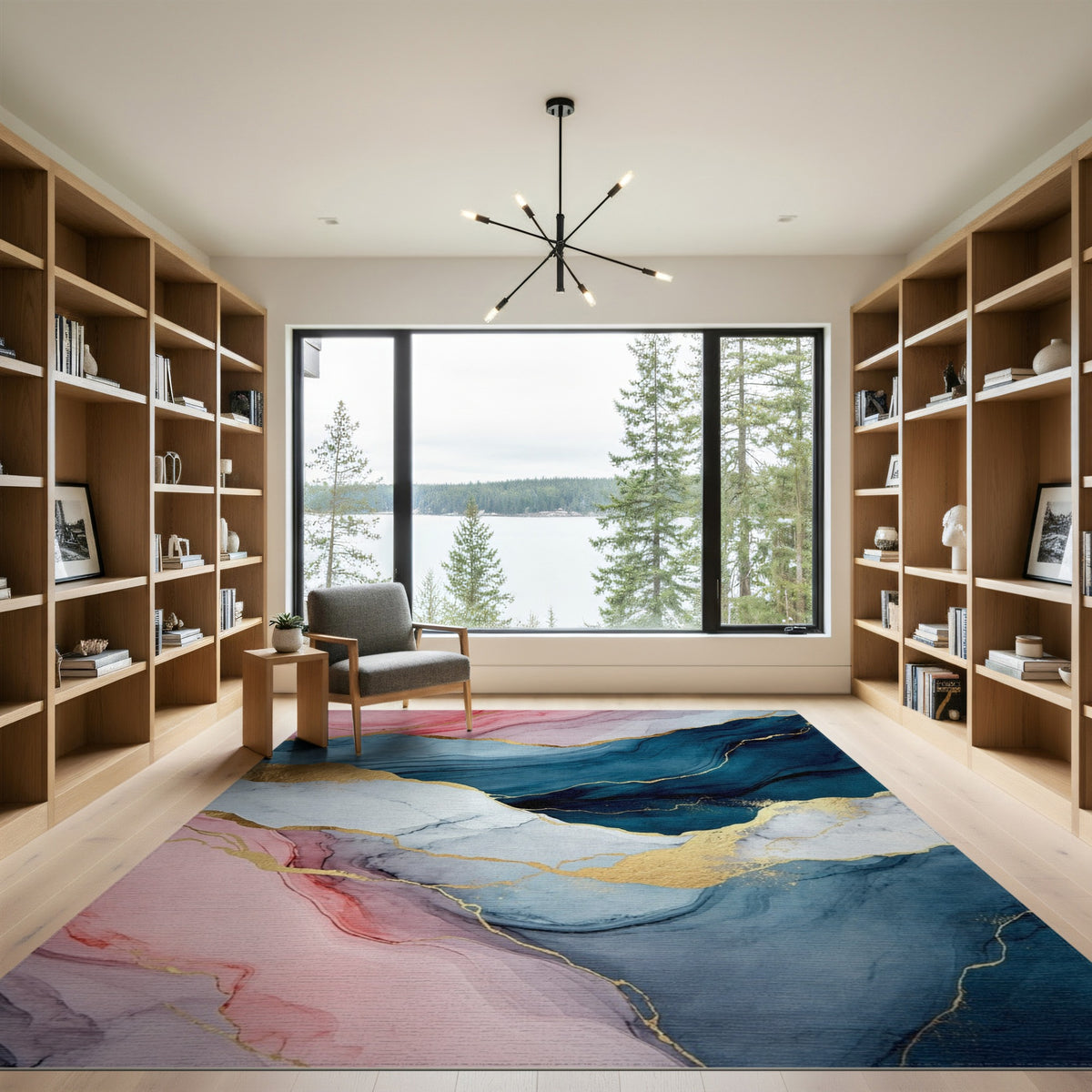 Pink Blue Abstract Marble Washable Area Rug