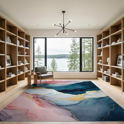 Pink Blue Abstract Marble Washable Area Rug