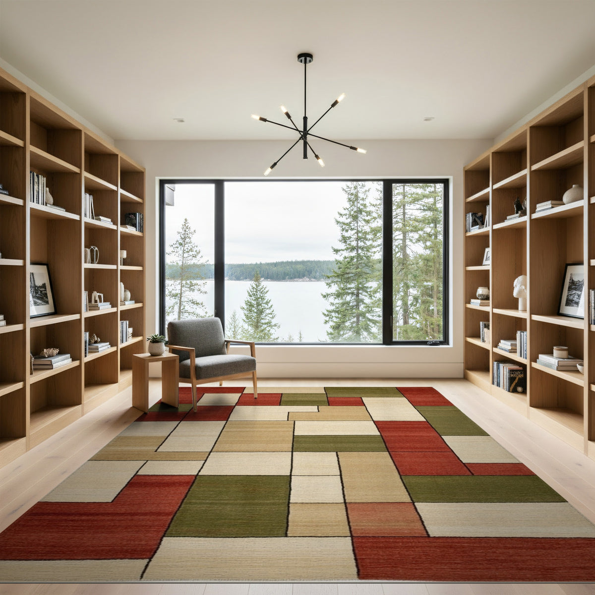 Geometric Block Red Beige Area Rug