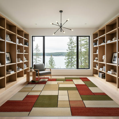 Geometric Block Red Beige Area Rug