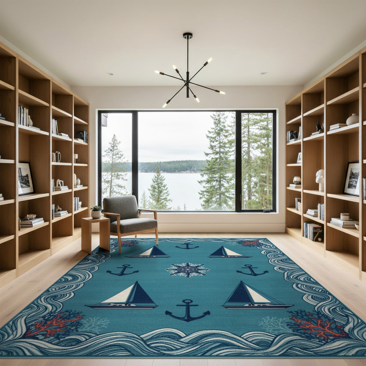 Coastal Blue Sailboat and Anchor Area Rug