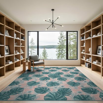 Pink Teal Monstera Washable Area Rug