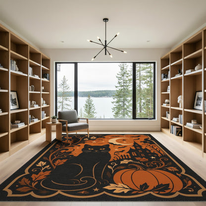 Distressed Vintage Orange Black Cat Pumpkin Halloween Area Rug