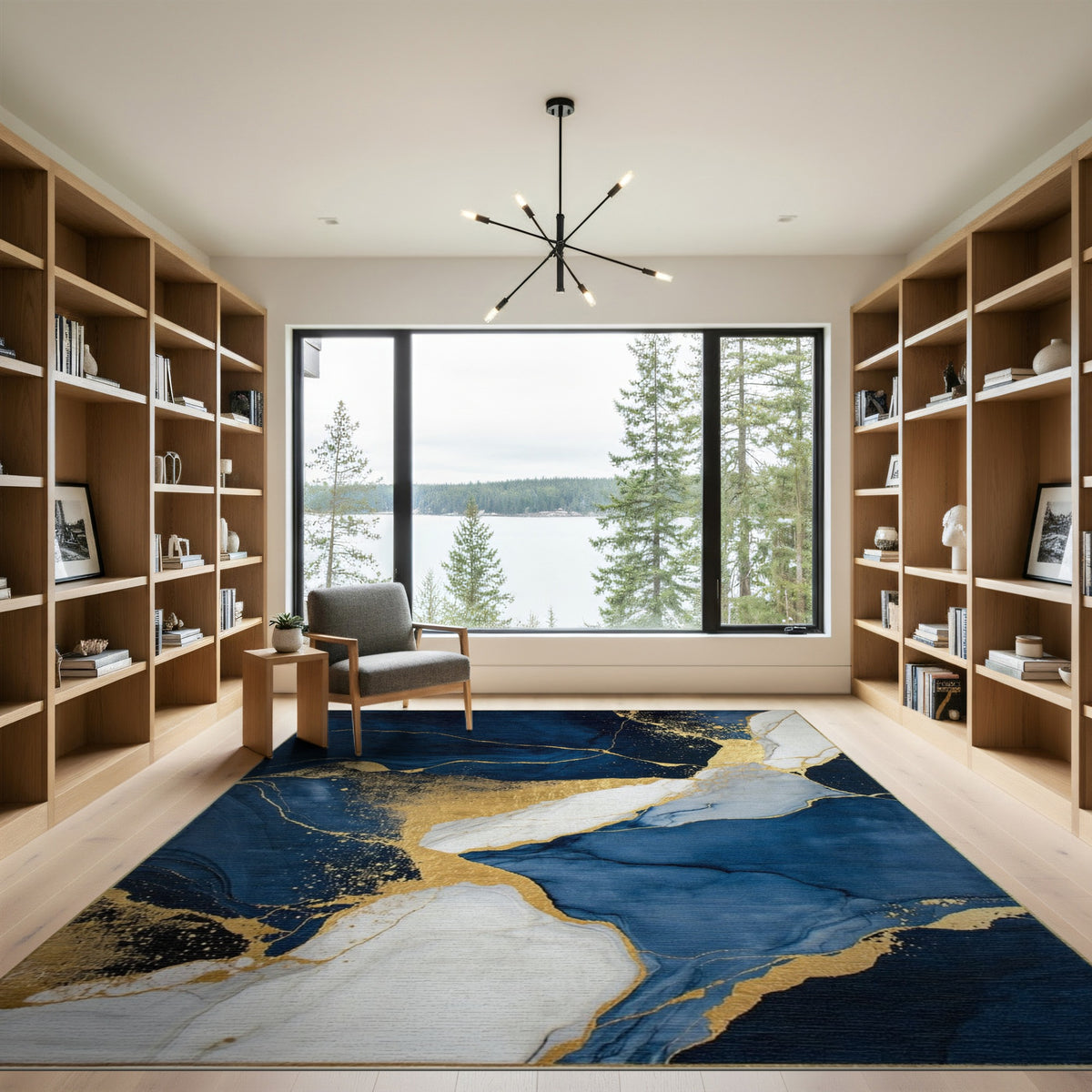Blue and Teal Navy Blue Gold Abstract Marble Area Rug