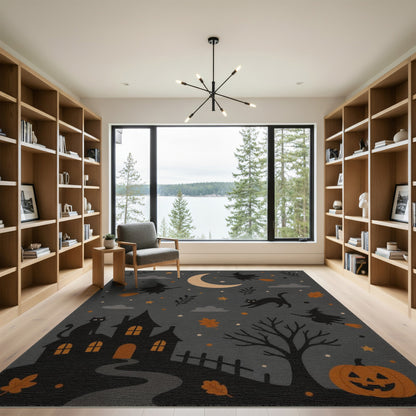 Grey Halloween Witches Cats Kids Cartoon Area Rug