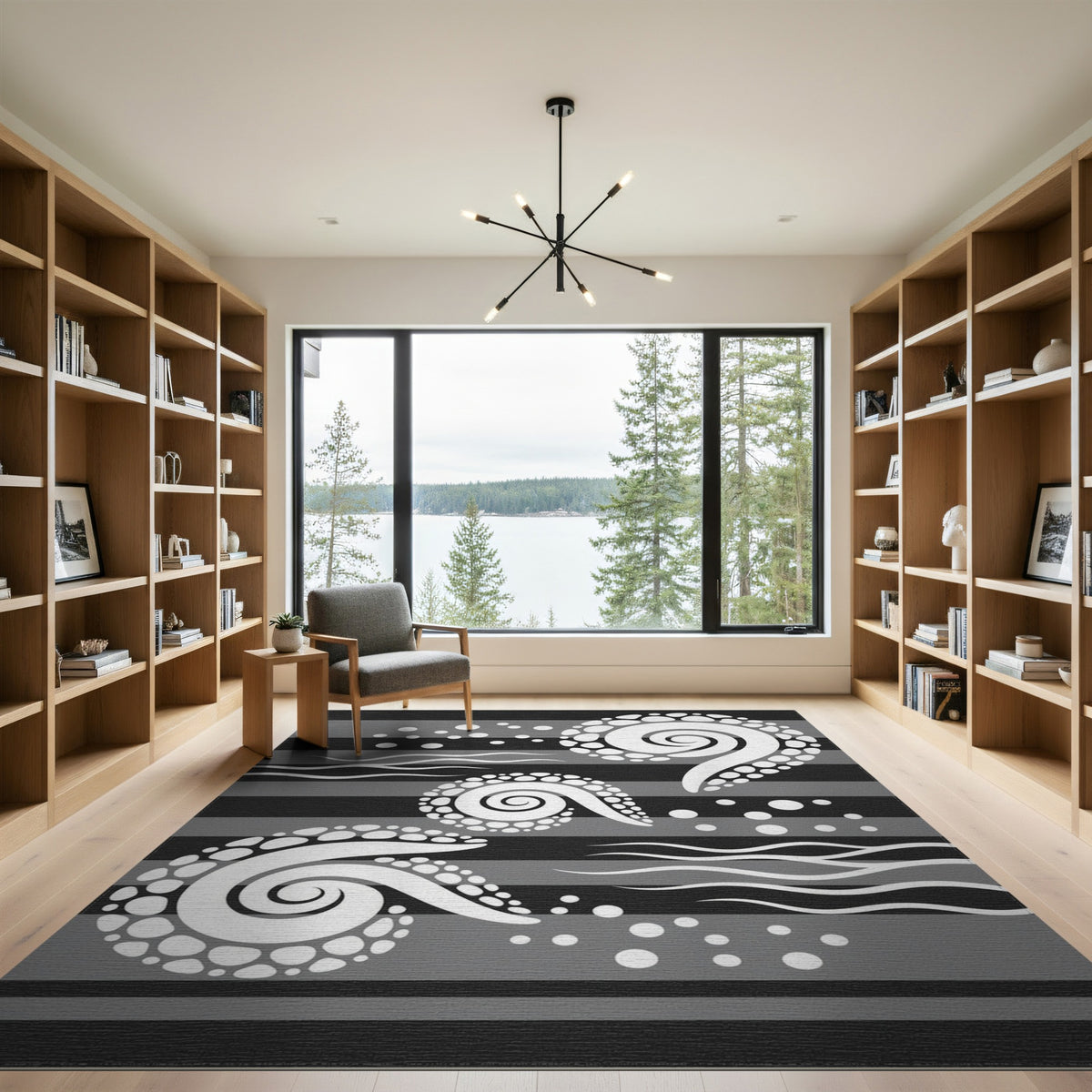 Black White Spiral Wave Area Rug