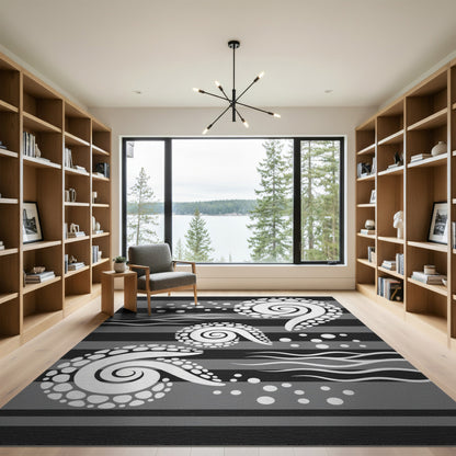Black White Spiral Wave Area Rug