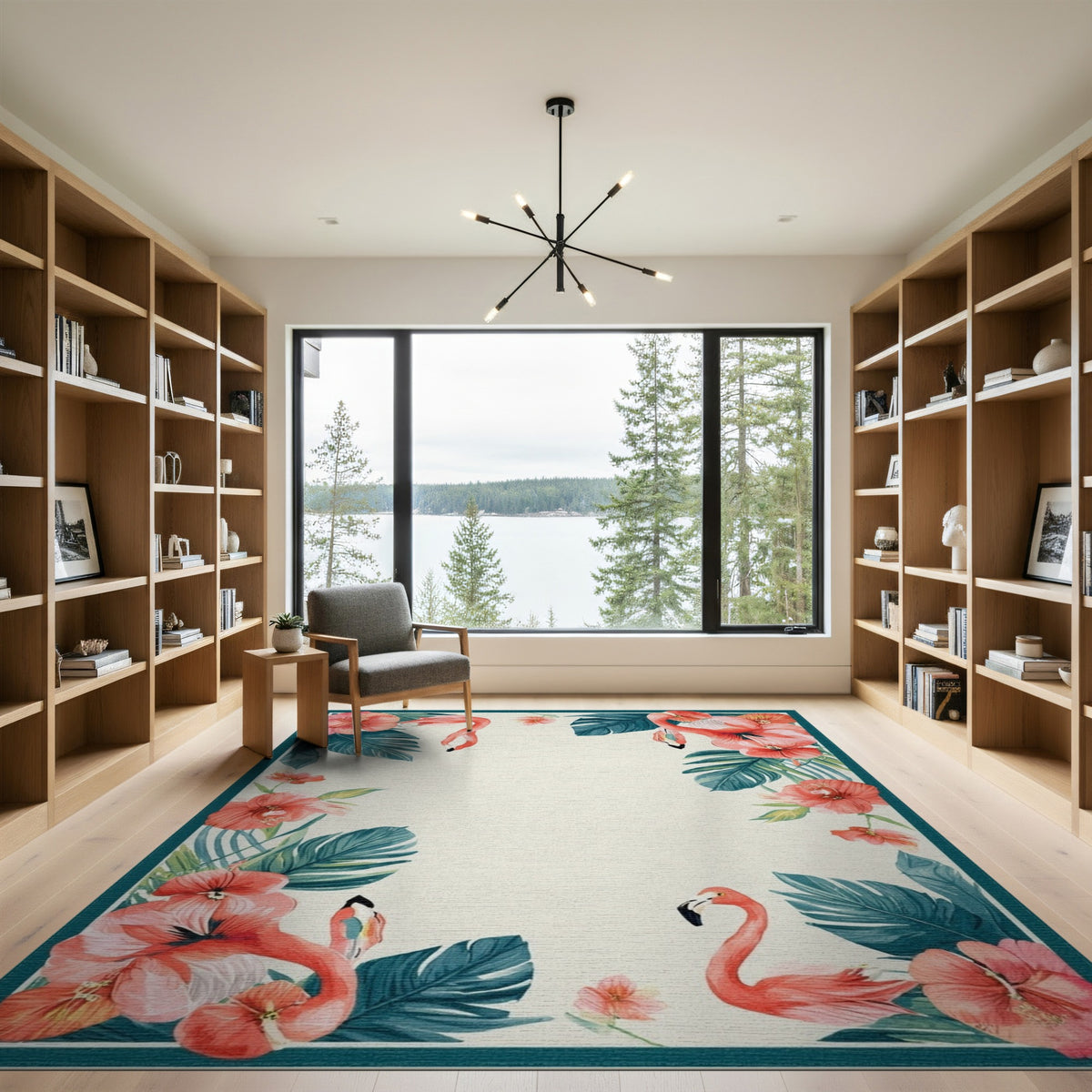 Floral Vintage Pink Flamingo Hibiscus Washable Area Rug