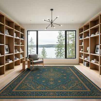 Teal Gold Persian Medallion Traditional Persian Area Rug
