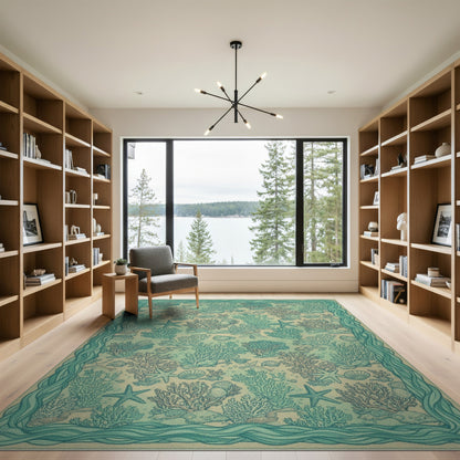 Blue and Teal Coral Starfish Coastal Area Rug