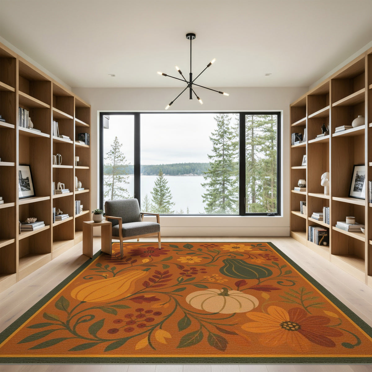 Orange Autumn Pumpkin Floral Area Rug