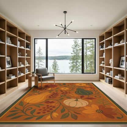 Orange Autumn Pumpkin Floral Area Rug