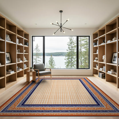 Orange Scroll Border Geometric Area Rug