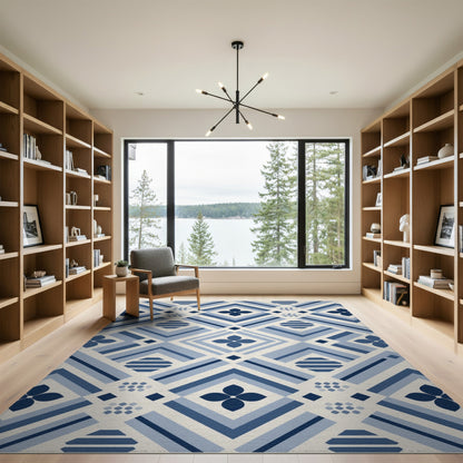 Blue Geometric Floral Washable Area Rug