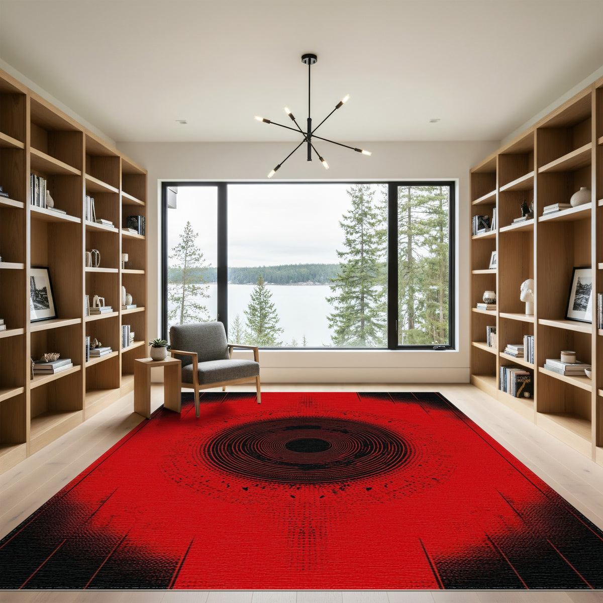 Red Concentric Circle Geometric Area Rug