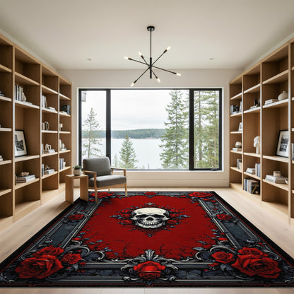 Red Skull Roses Ornate Vintage Area Rug