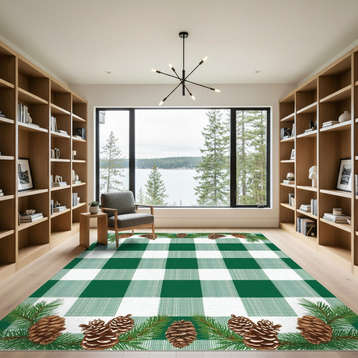Green Gingham Pinecone Rustic Area Rug