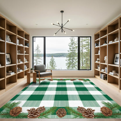 Green Gingham Pinecone Rustic Area Rug