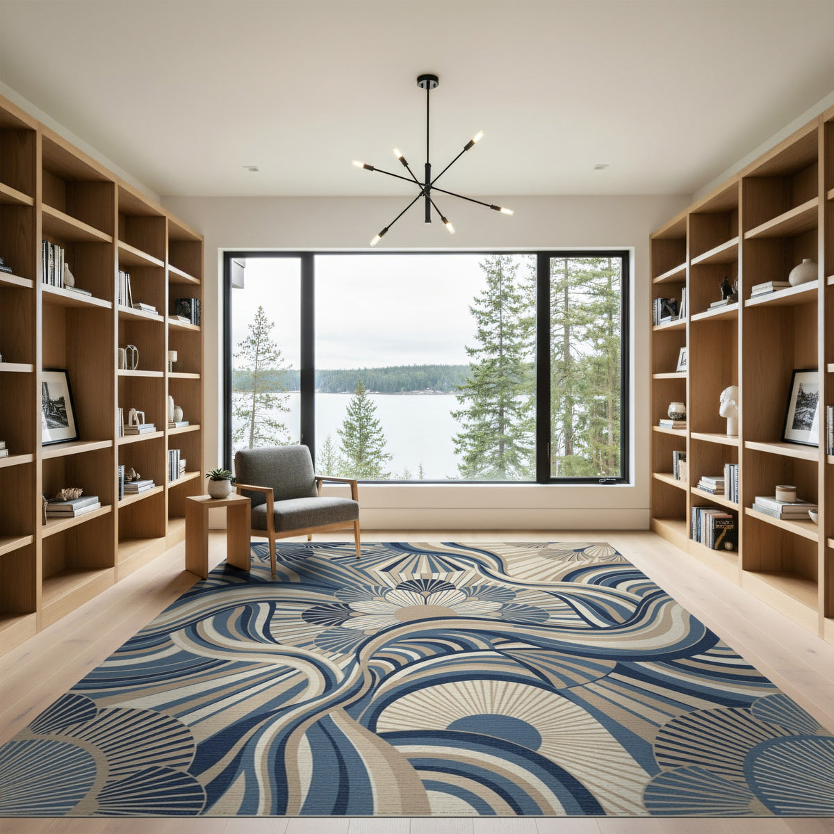 Blue Teal Abstract Wave Floral Area Rug