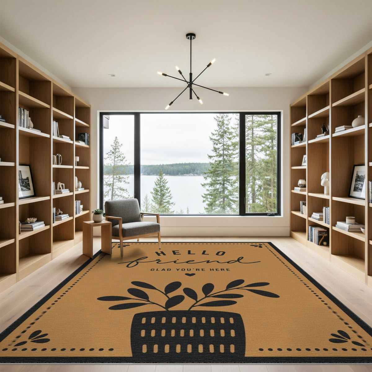 Hello Friend Welcome Area Rug in Brown Tan