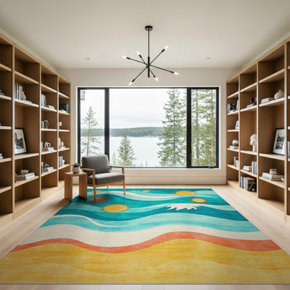Coastal Waves and Suns Washable Area Rug