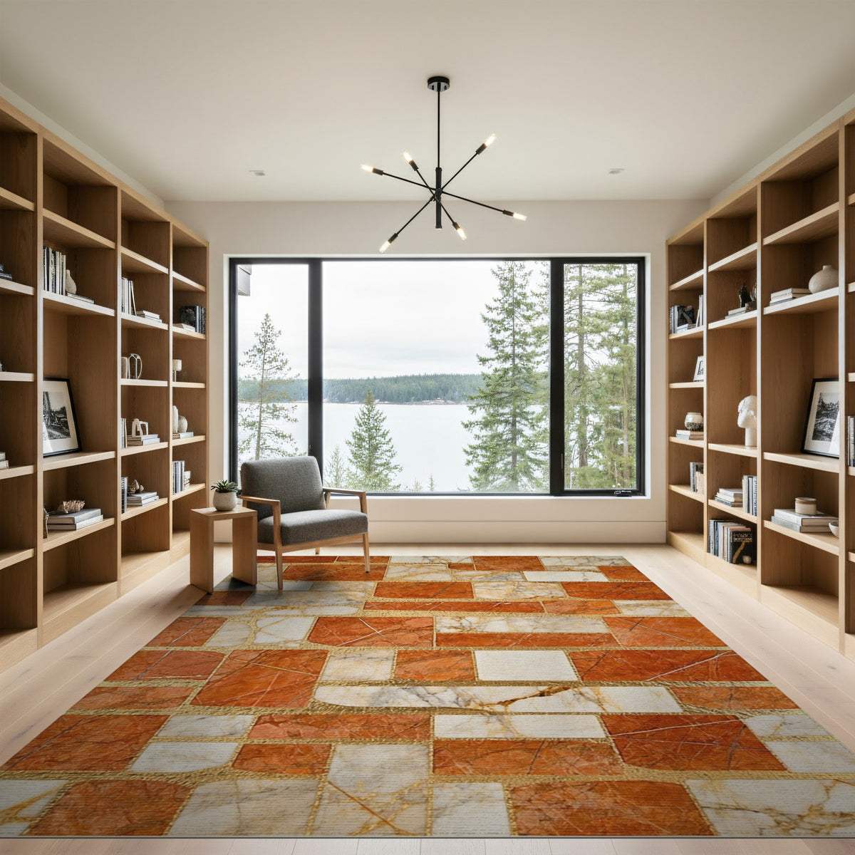 Orange Marble Geometric Mosaic Area Rug