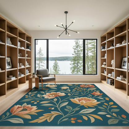 Washable Teal Floral Vintage Washable Area Rug