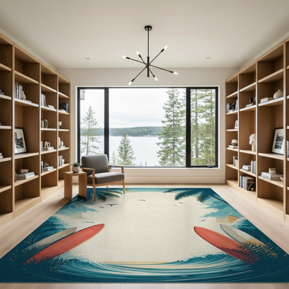 Blue and Teal Coastal Beach Surfboard Washable Area Rug