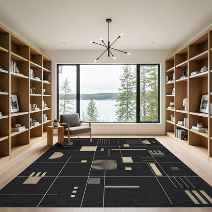 Black and White Modern Geometric Black Area Rug