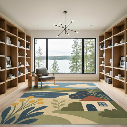Blue Hillside Cottage Washable Area Rug