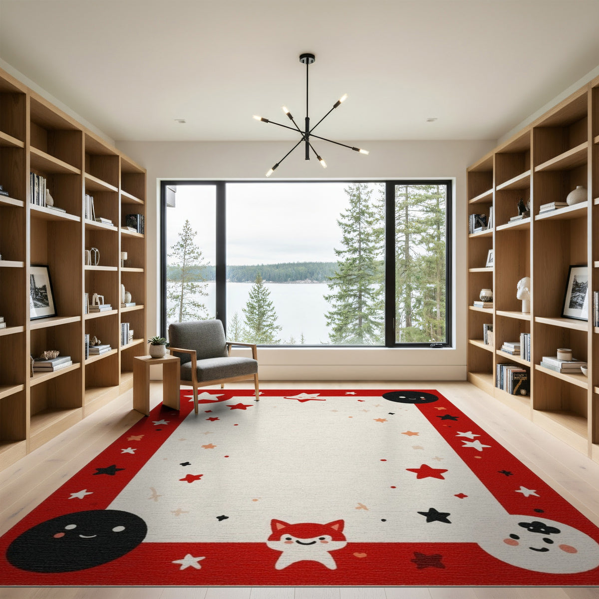 Red Cartoon Fox Stars Kids Area Rug