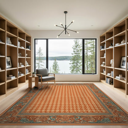 Orange Houndstooth Bordered Area Rug