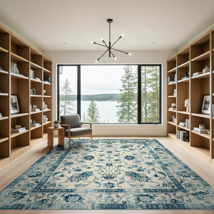 Distressed Blue Floral Vintage Area Rug
