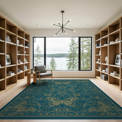 Blue and Teal Gold Butterfly Floral Area Rug